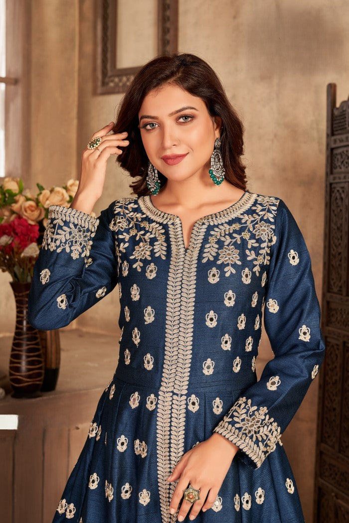 Anaita Navy Blue Embroidered Art Silk Anarkali Suit | Grocsy