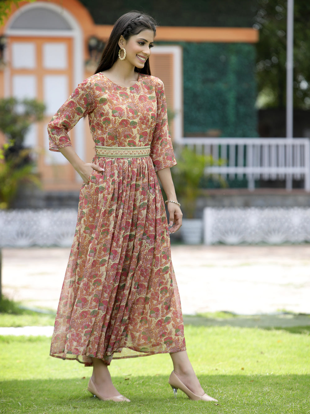 Juniper Fuchsia Chiffon Casual Wear Printed Flared Jumpsuit | Grocsy