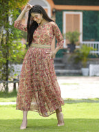 Juniper Fuchsia Chiffon Casual Wear Printed Flared Jumpsuit | Grocsy
