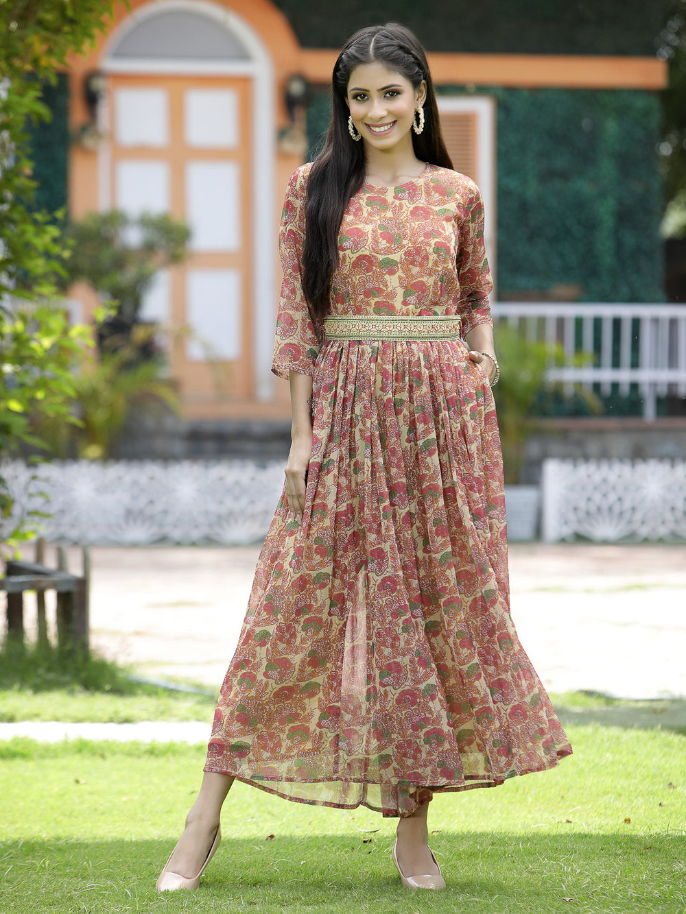 Juniper Fuchsia Chiffon Casual Wear Printed Flared Jumpsuit | Grocsy