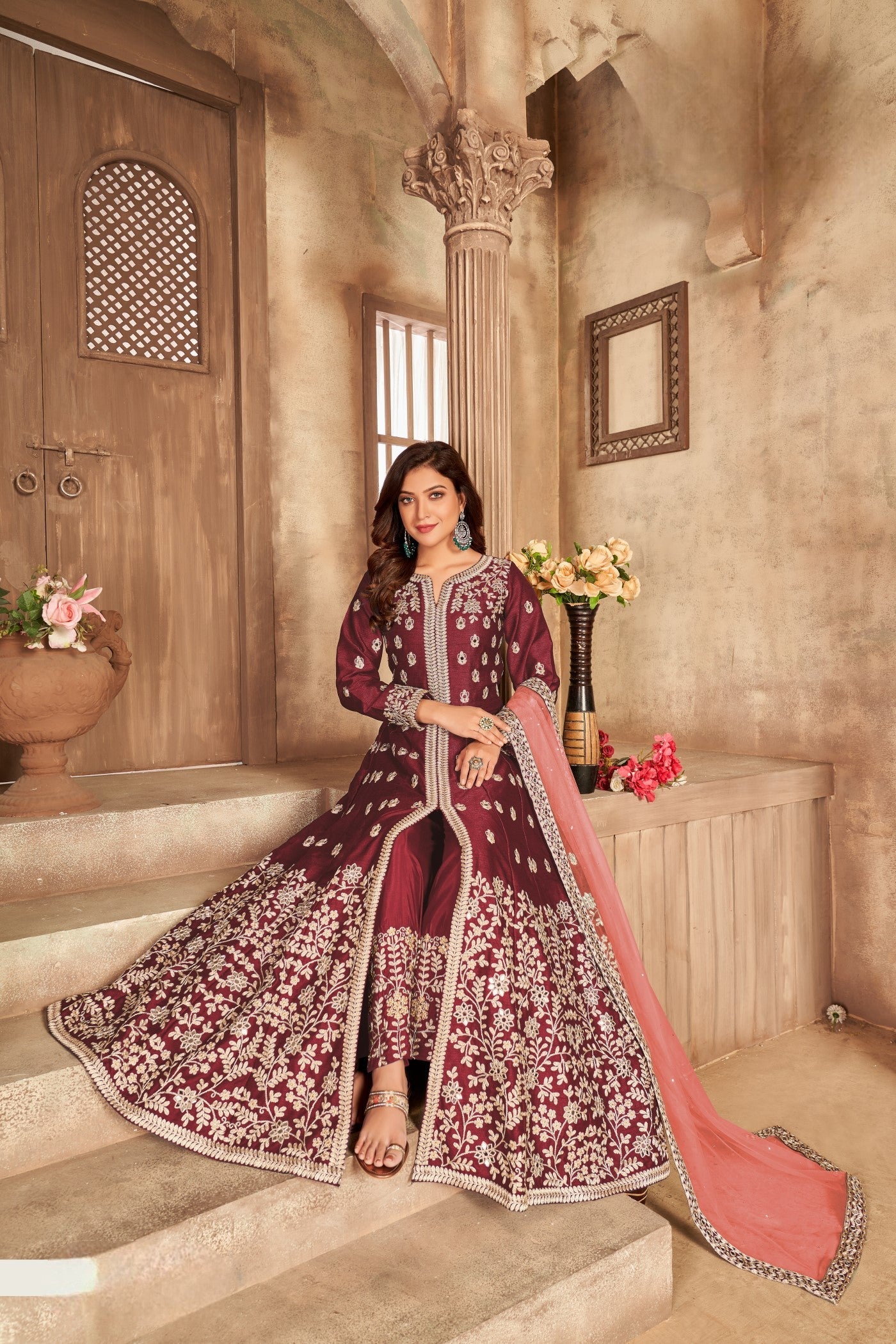 Anaita Maroon Embroidered Art Silk Anarkali Suit | Grocsy