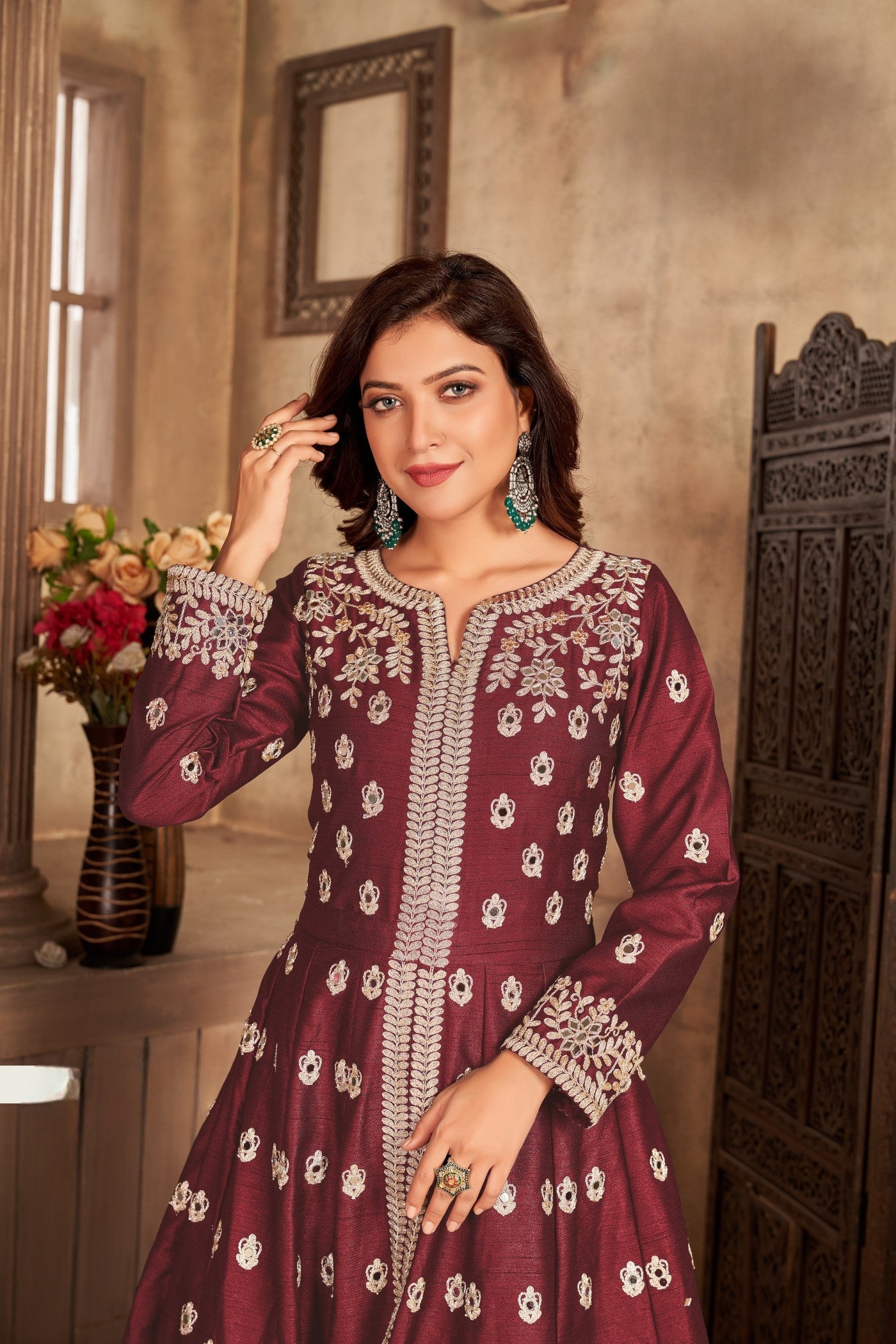 Anaita Maroon Embroidered Art Silk Anarkali Suit | Grocsy