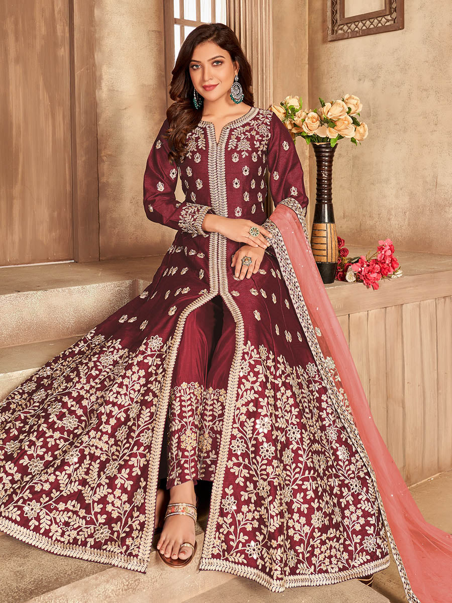 Myra Red Art Silk Embroidered Anarkali Suit | Grocsy
