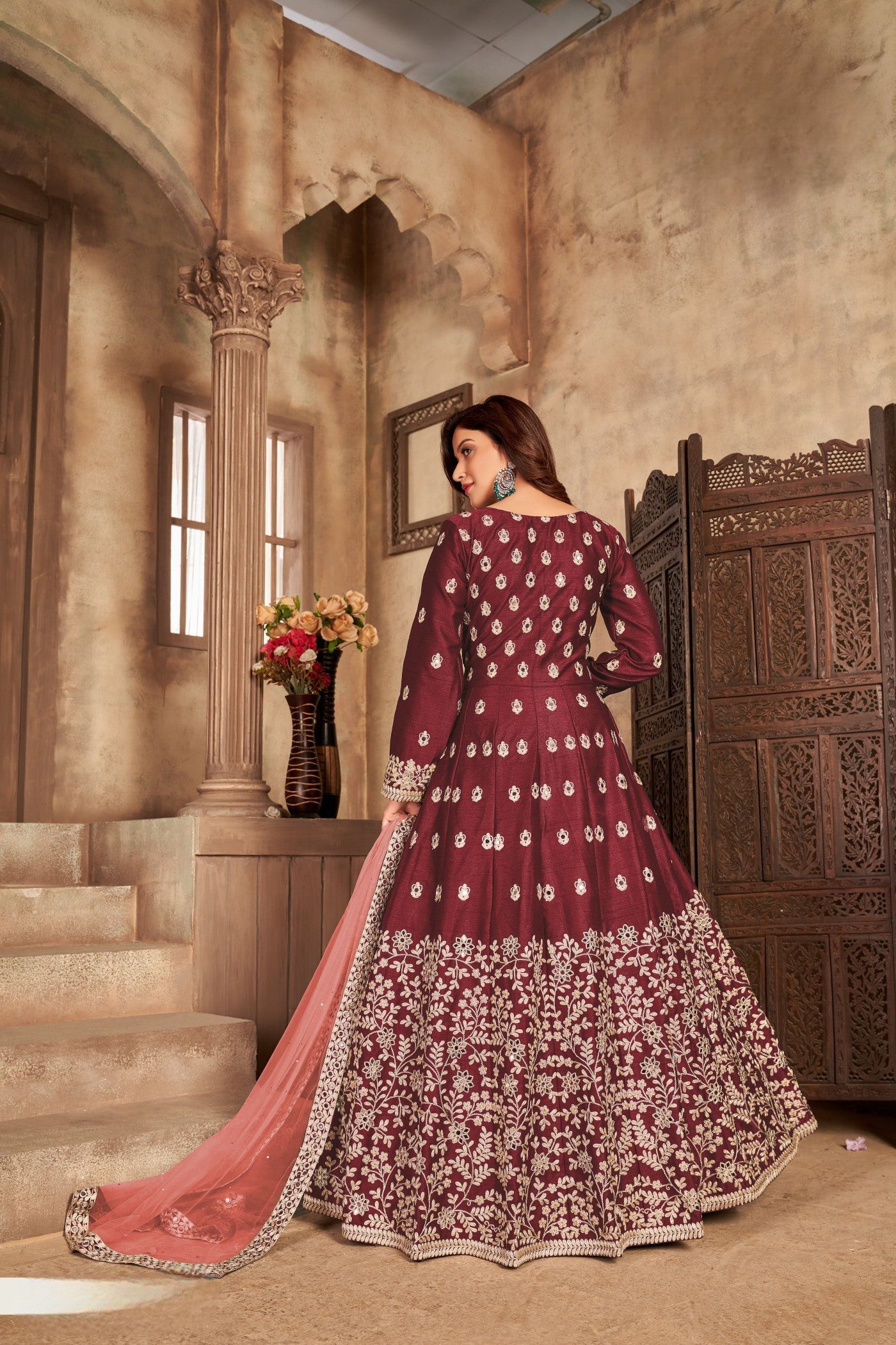 Anaita Maroon Embroidered Art Silk Anarkali Suit | Grocsy