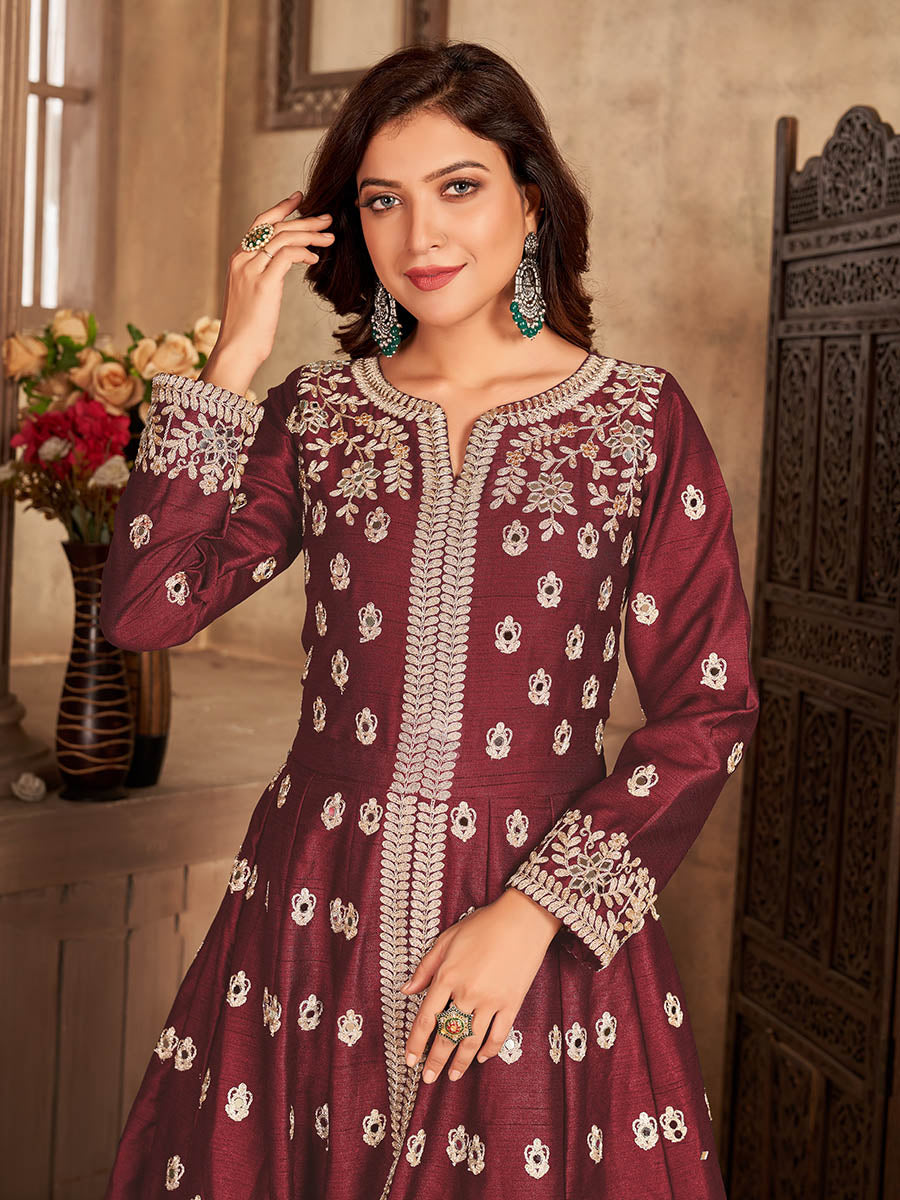Myra Red Art Silk Embroidered Anarkali Suit | Grocsy