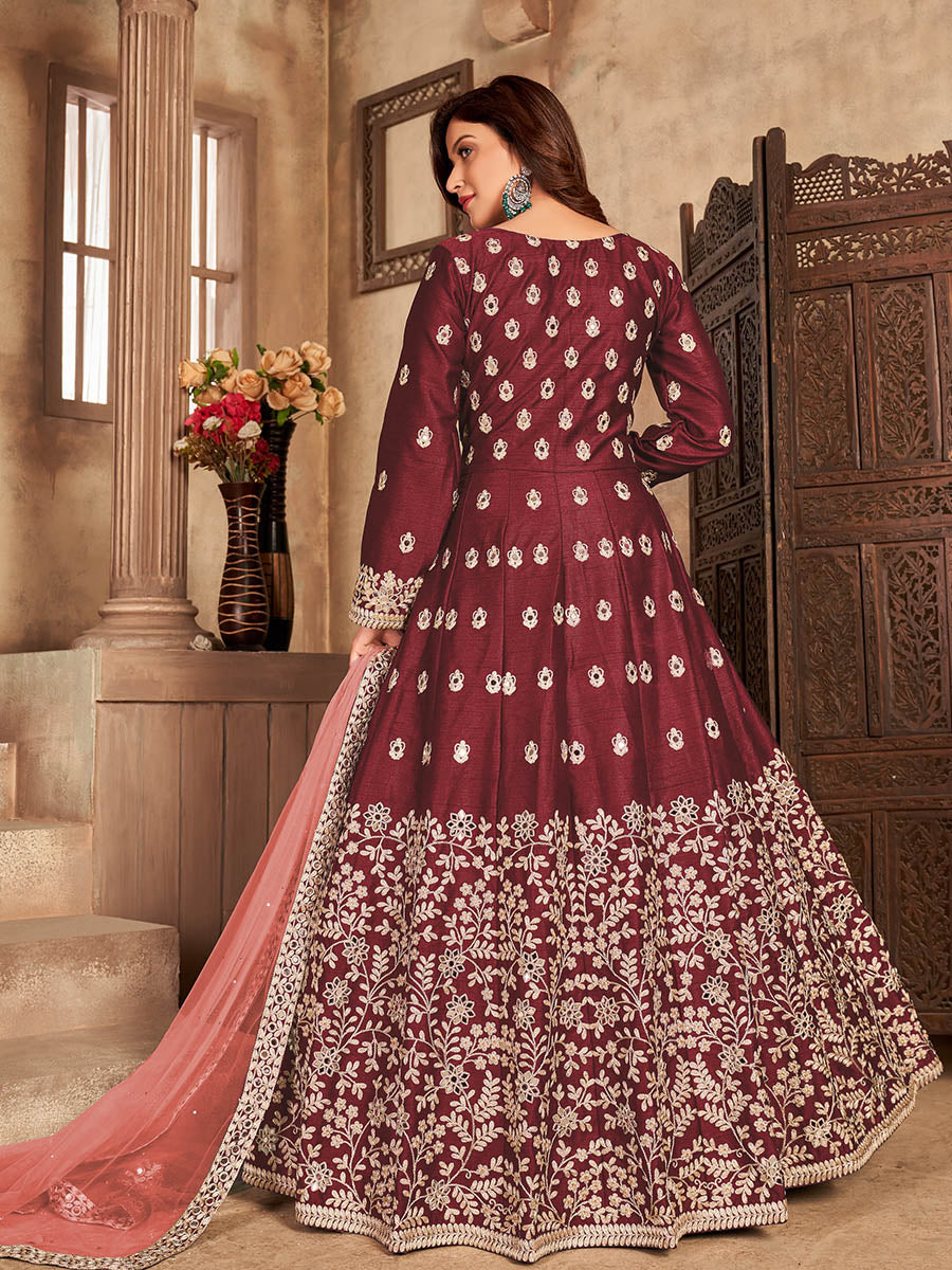 Myra Red Art Silk Embroidered Anarkali Suit | Grocsy