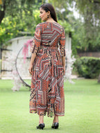 Juniper Brown Multi Chiffon Festive Printed Flared Jump Suit For Women | Grocsy