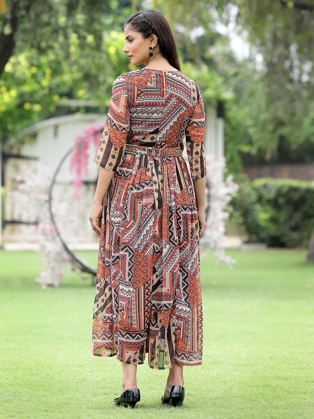Juniper Brown Multi Chiffon Festive Printed Flared Jump Suit For Women | Grocsy
