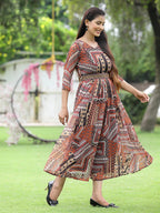 Juniper Brown Multi Chiffon Festive Printed Flared Jump Suit For Women | Grocsy