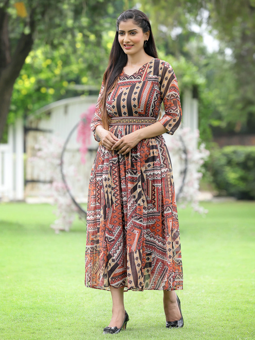 Juniper Brown Multi Chiffon Festive Printed Flared Jump Suit For Women | Grocsy