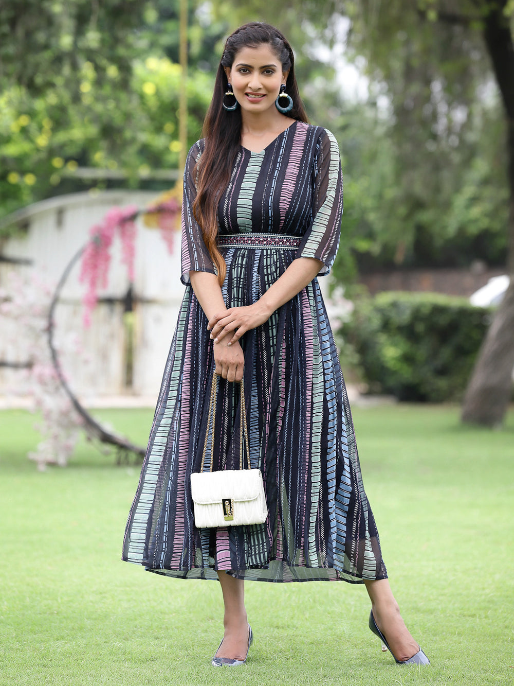 Juniper Black Multi Chiffon Festive Printed Flared Jump Suit For Women | Grocsy