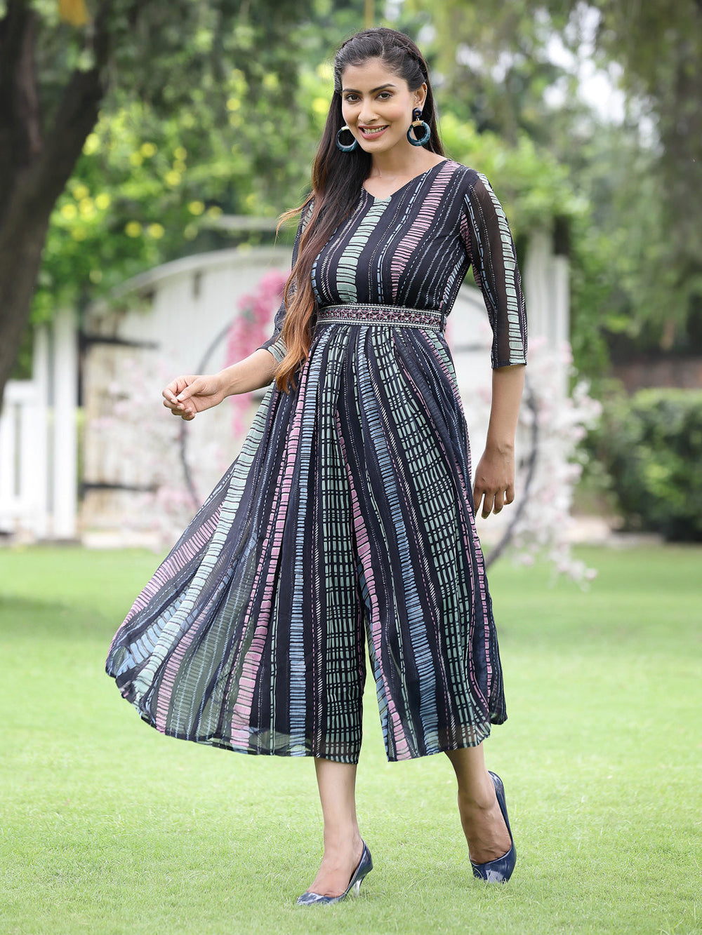 Juniper Black Multi Chiffon Festive Printed Flared Jump Suit For Women | Grocsy