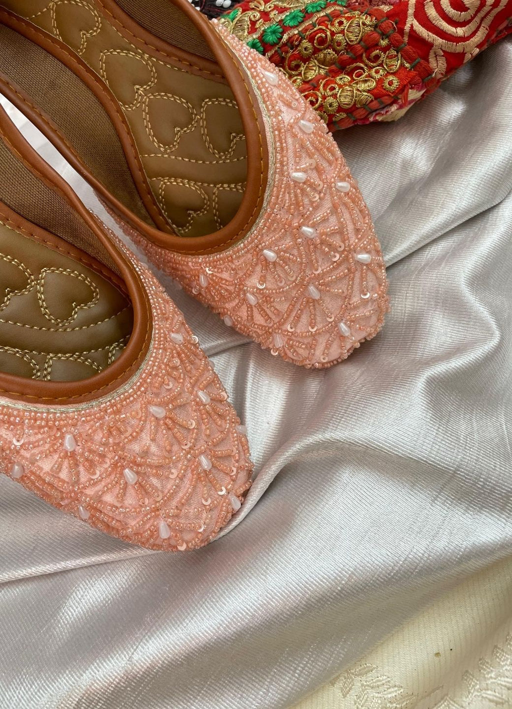 Desi Colour Women Indian Ethnic Footwear-Peach pearl Net | Grocsy