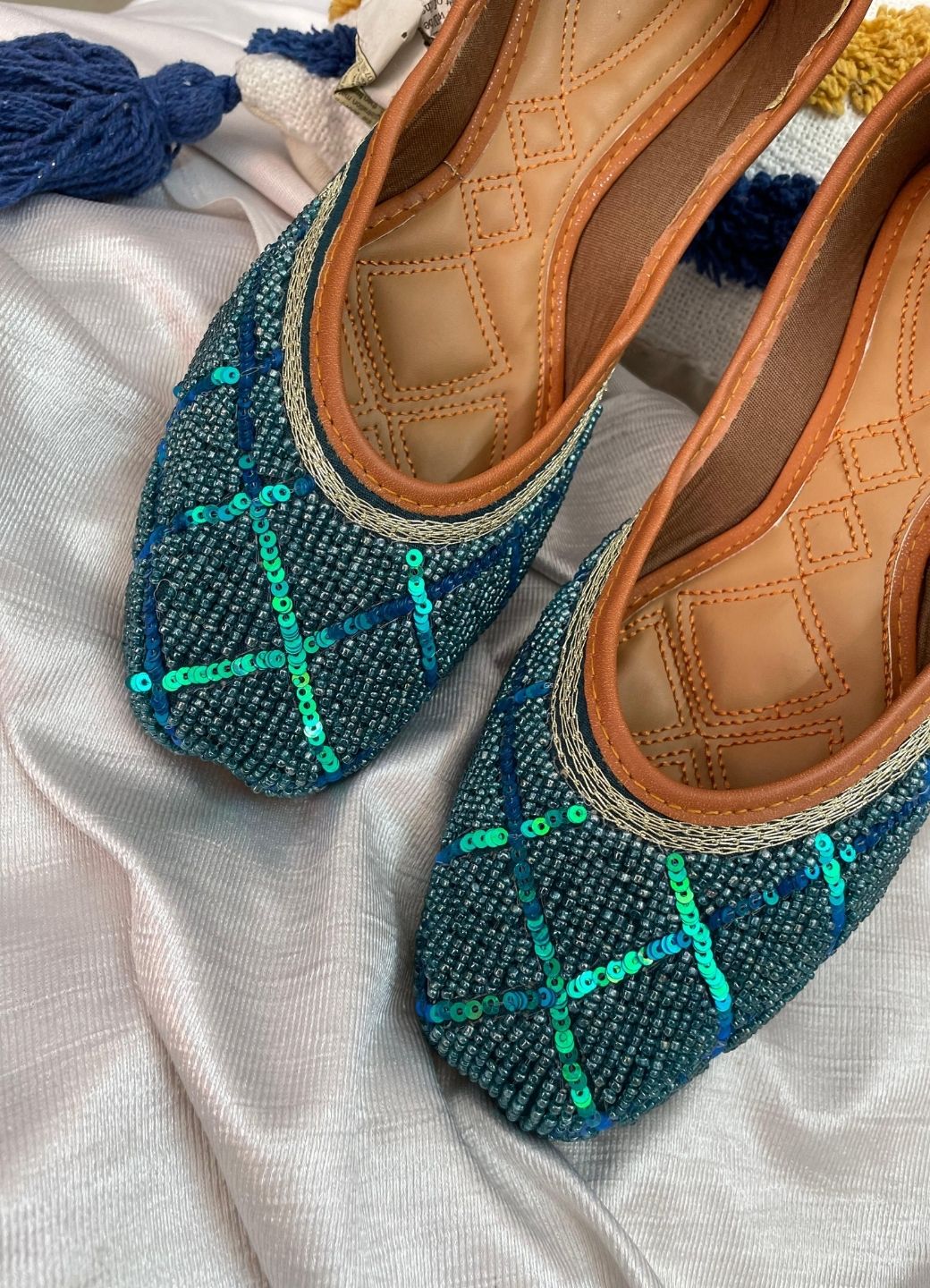 Desi Colour Women Indian Ethnic Footwear-Teal Pearl | Grocsy