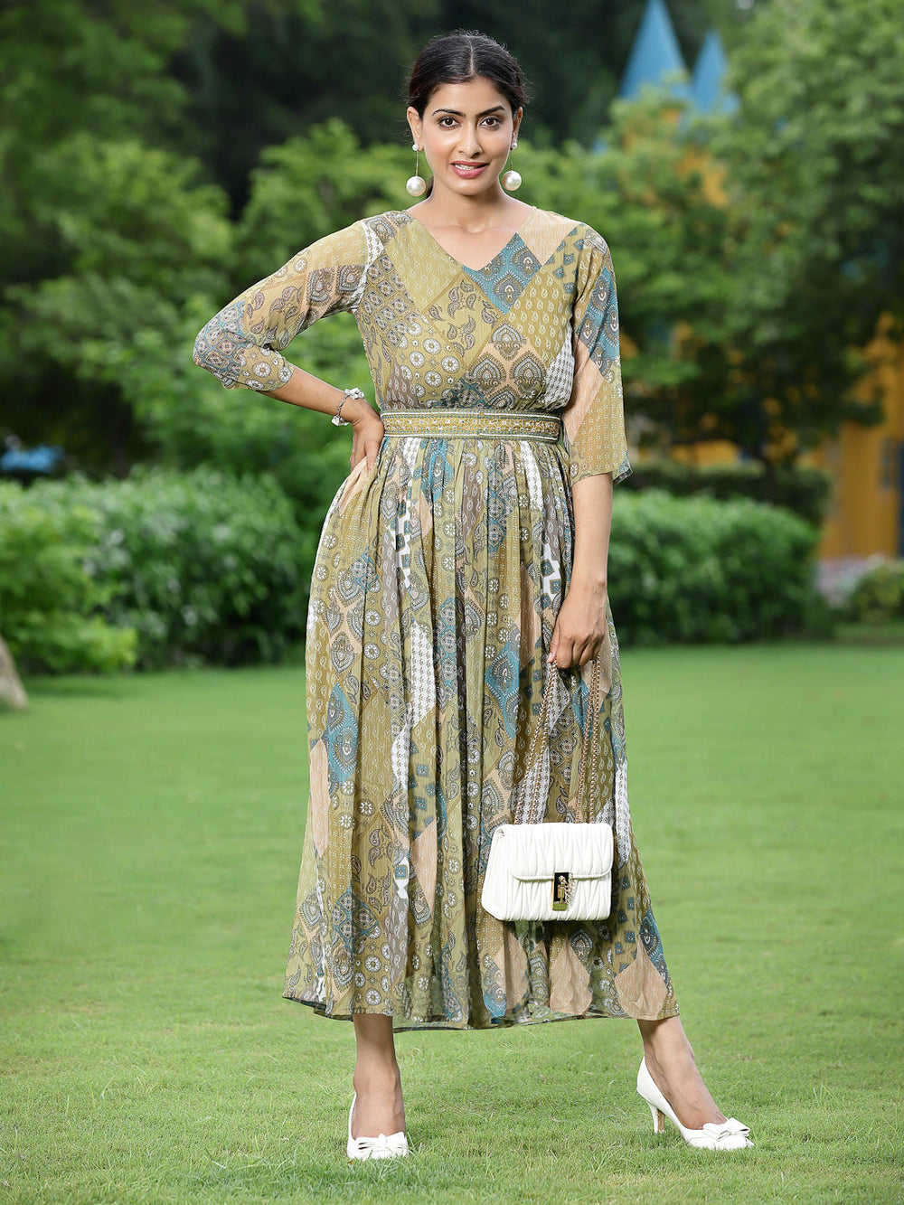 Juniper Green Multi Chiffon Festive Printed Flared Jump Suit For Women | Grocsy