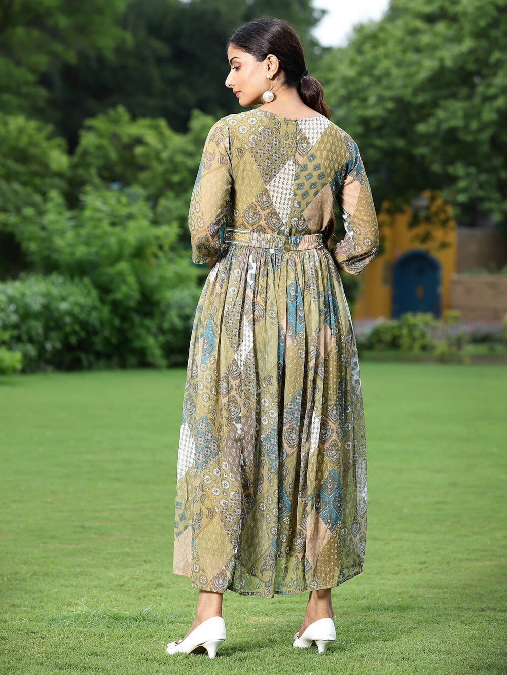 Juniper Green Multi Chiffon Festive Printed Flared Jump Suit For Women | Grocsy