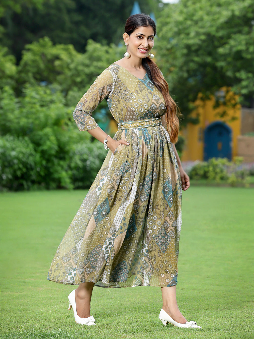 Juniper Green Multi Chiffon Festive Printed Flared Jump Suit For Women | Grocsy