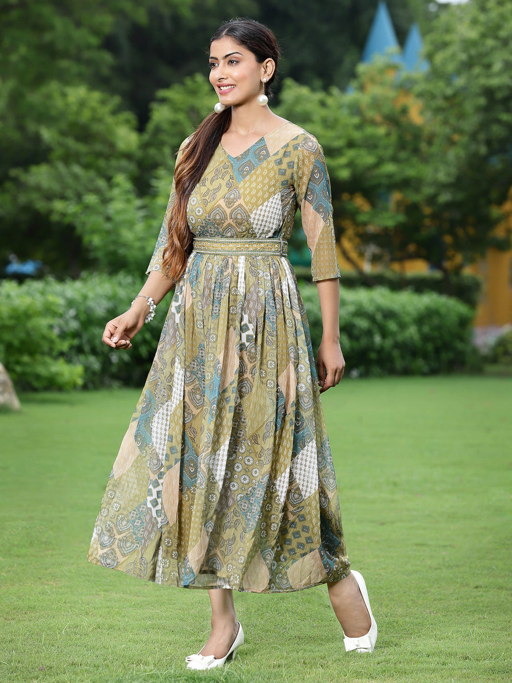 Juniper Green Multi Chiffon Festive Printed Flared Jump Suit For Women | Grocsy