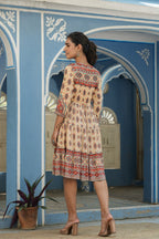 Juniper Beige Rayon Festive Printed Tiered Short Dress For Women | Grocsy