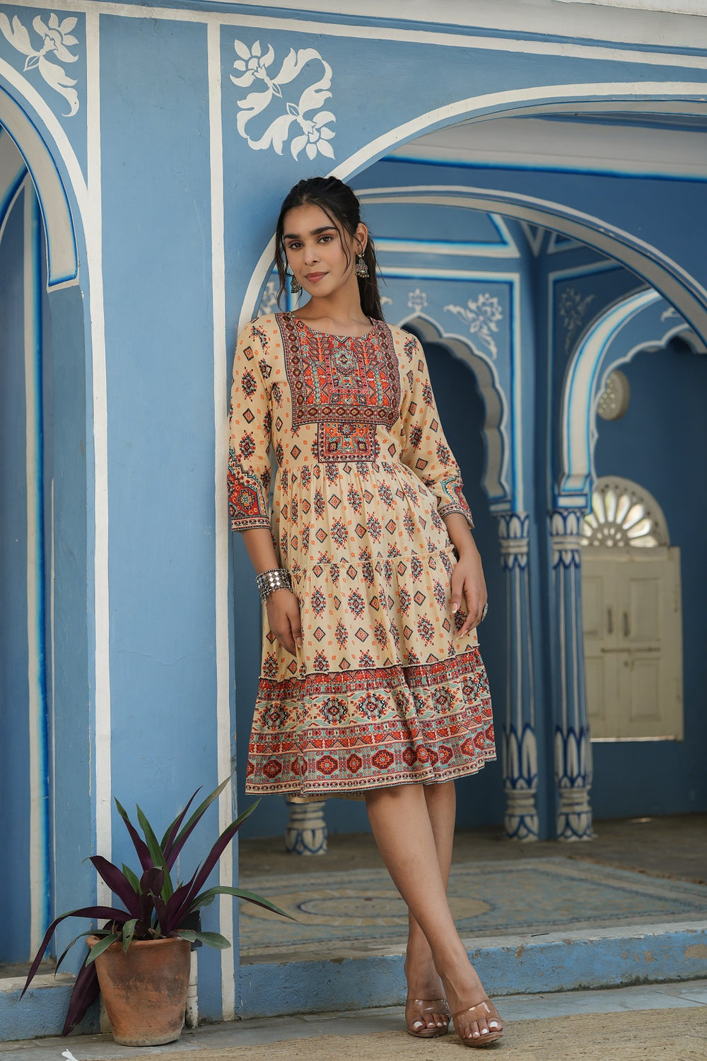 Juniper Beige Rayon Festive Printed Tiered Short Dress For Women | Grocsy