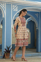Juniper Beige Rayon Festive Printed Tiered Short Dress For Women | Grocsy