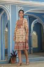 Juniper Beige Rayon Festive Printed Tiered Short Dress For Women | Grocsy