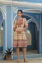 Juniper Beige Rayon Festive Printed Tiered Short Dress For Women | Grocsy