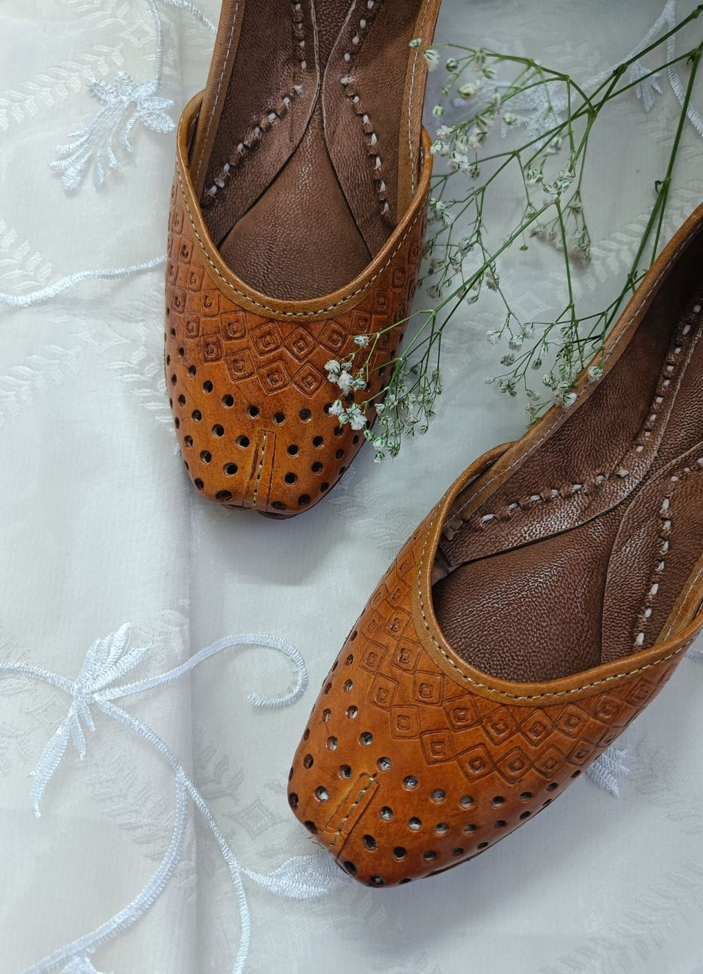 Desi Colour Women Indian Ethnic Footwear-Tan Leather Laser Cut | Grocsy