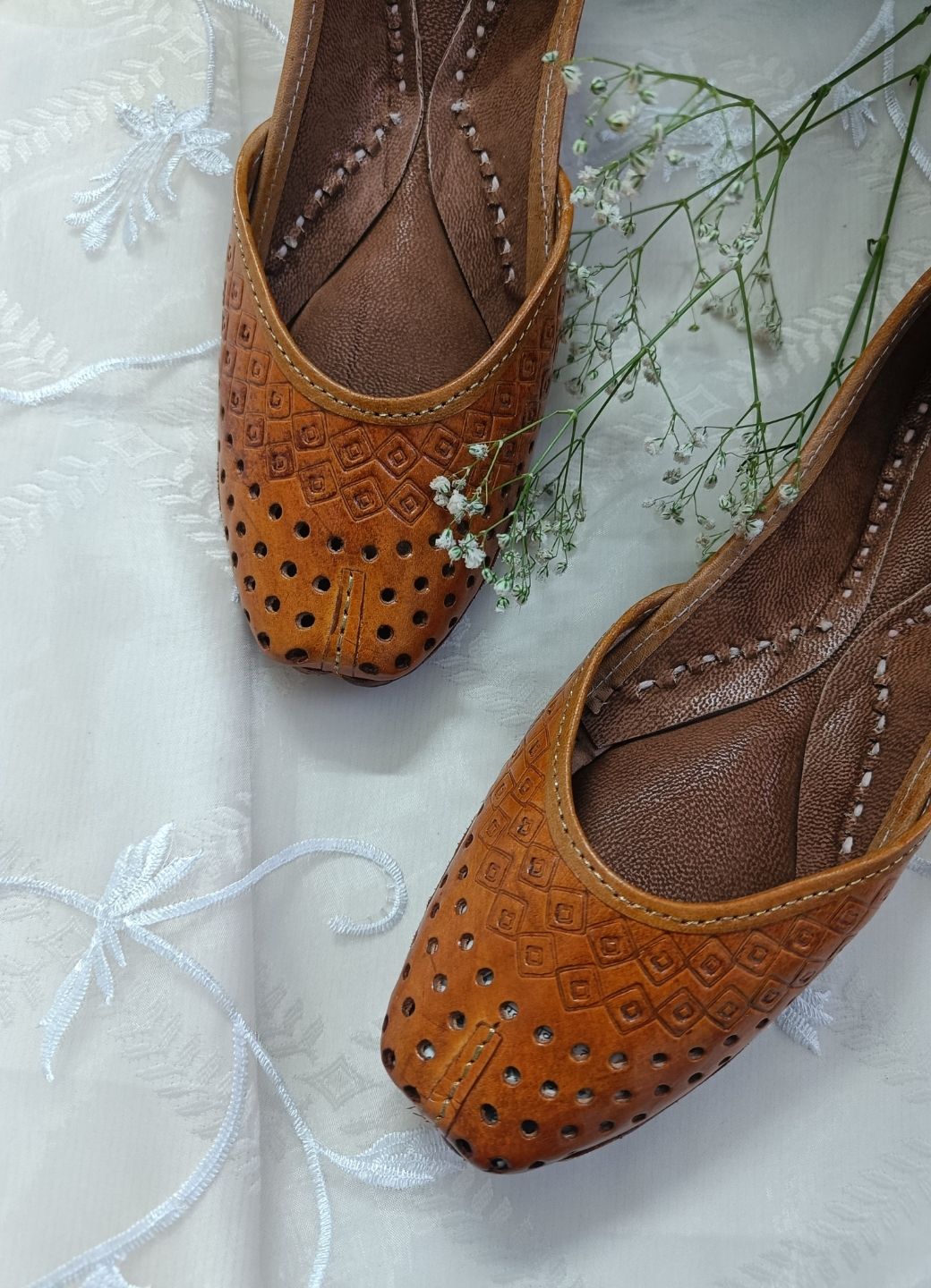 Desi Colour Women Indian Ethnic Footwear-Tan Leather Laser Cut | Grocsy