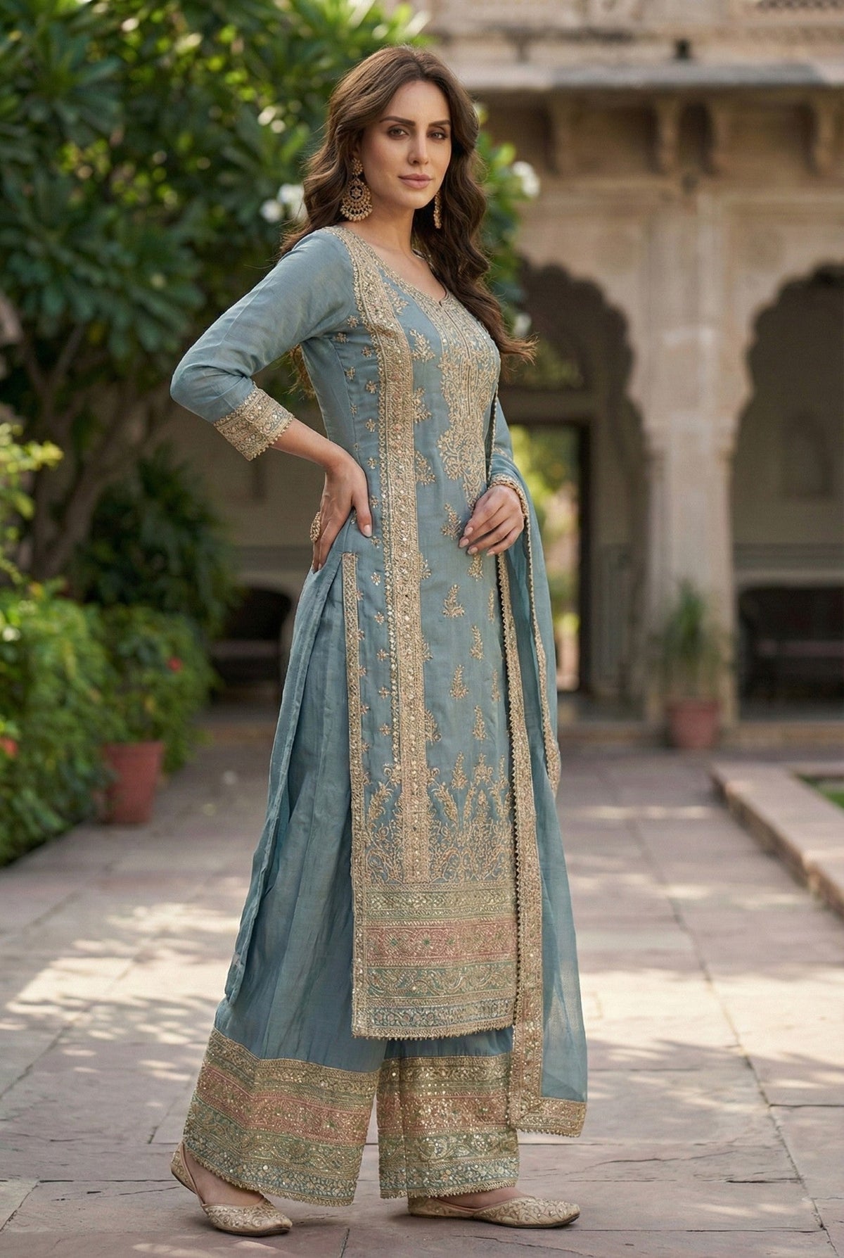 Anaita Blue Chinon Suit with Embroidery & Sequence Work | Grocsy
