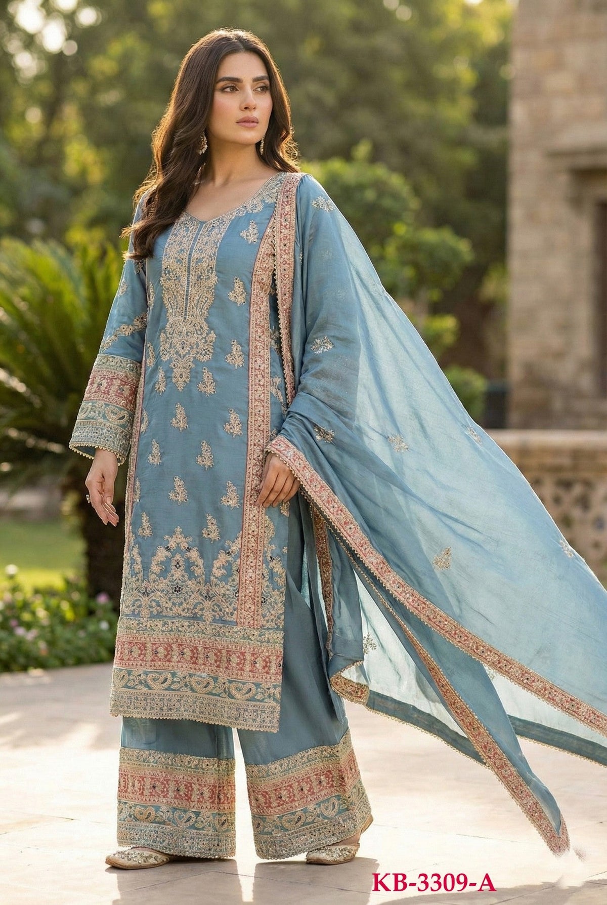 Anaita Blue Chinon Suit with Embroidery & Sequence Work | Grocsy