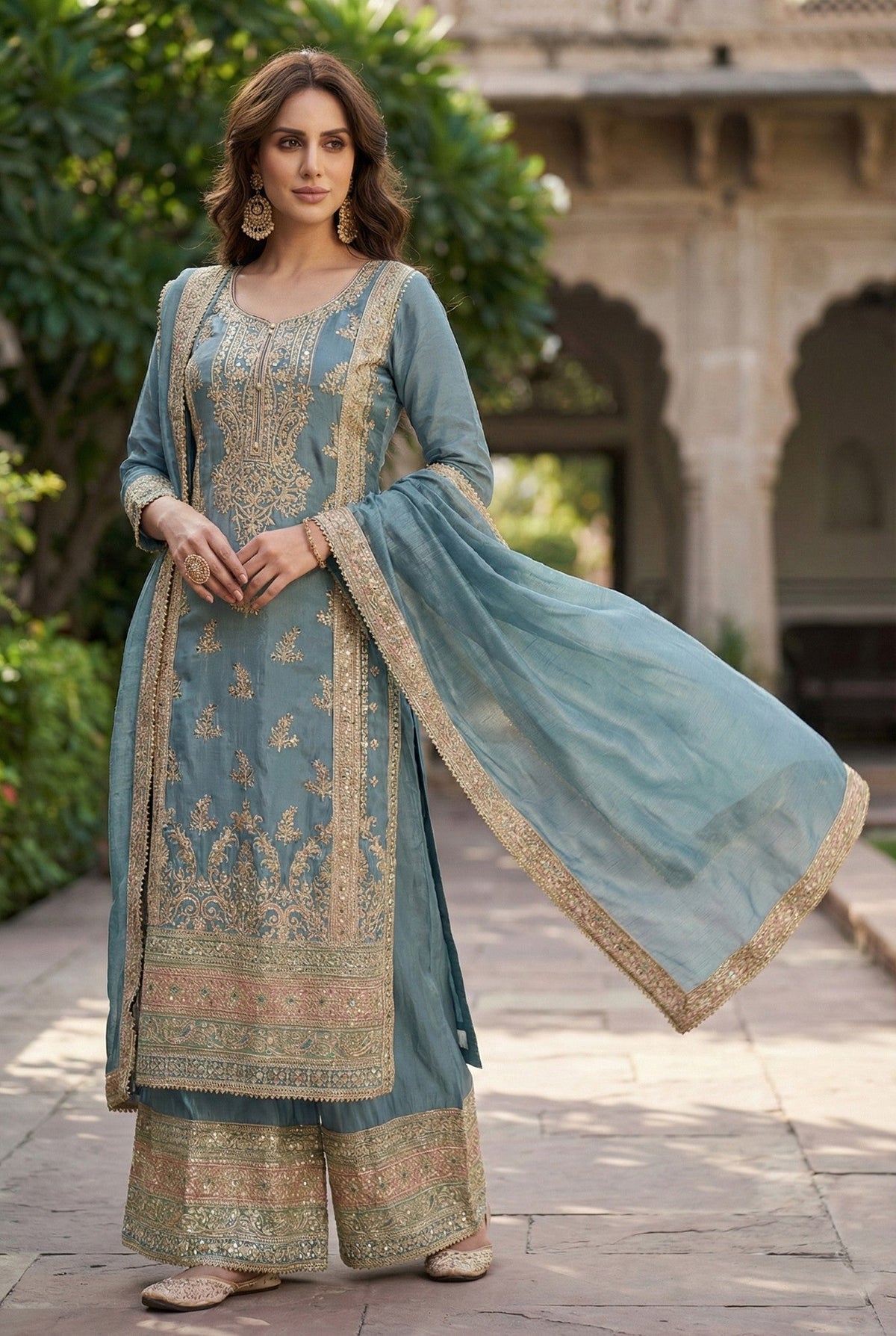 Anaita Blue Chinon Suit with Embroidery & Sequence Work | Grocsy