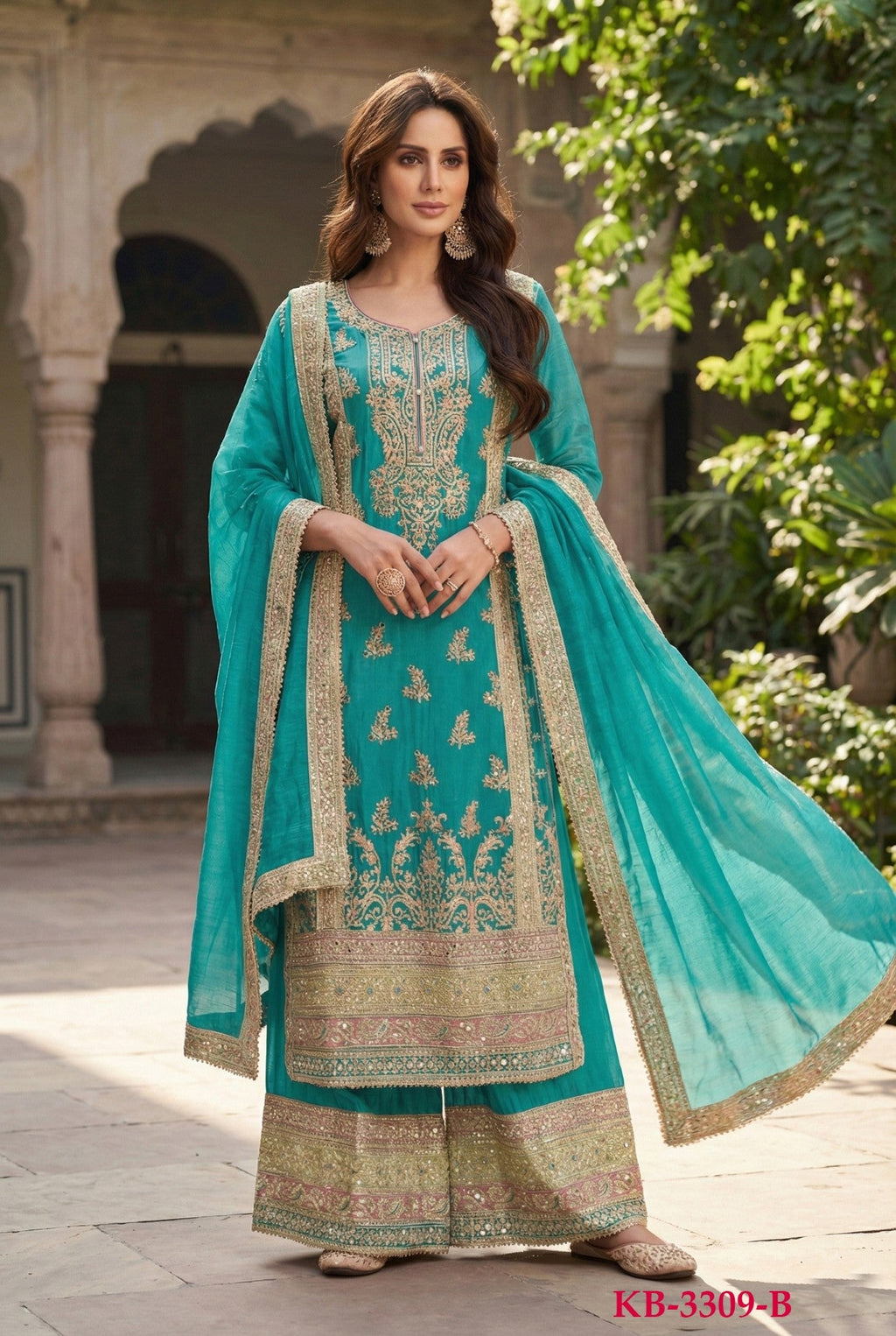 Anaita Turquoise Chinon Suit with Embroidery & Sequence Work | Grocsy
