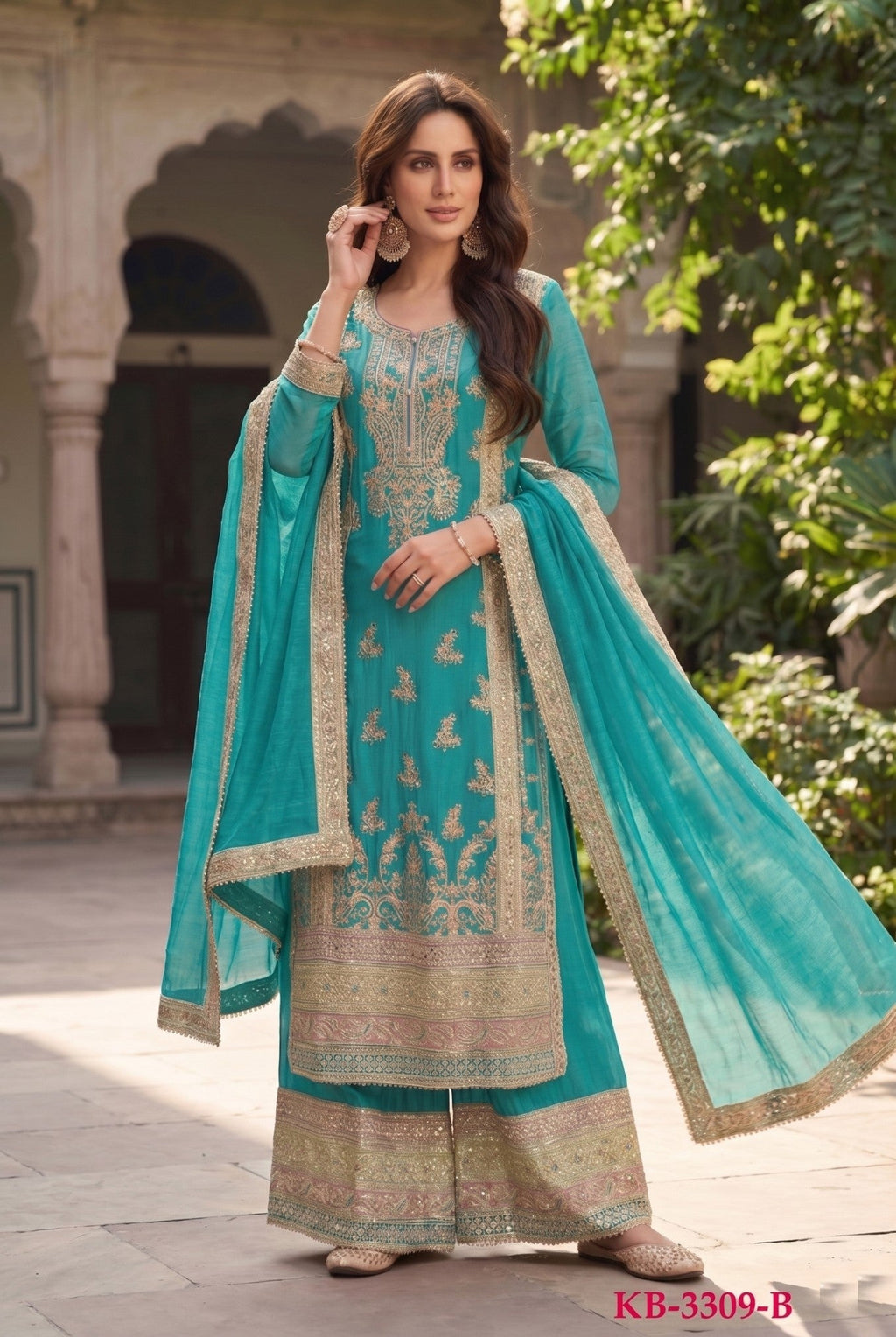 Anaita Turquoise Chinon Suit with Embroidery & Sequence Work | Grocsy