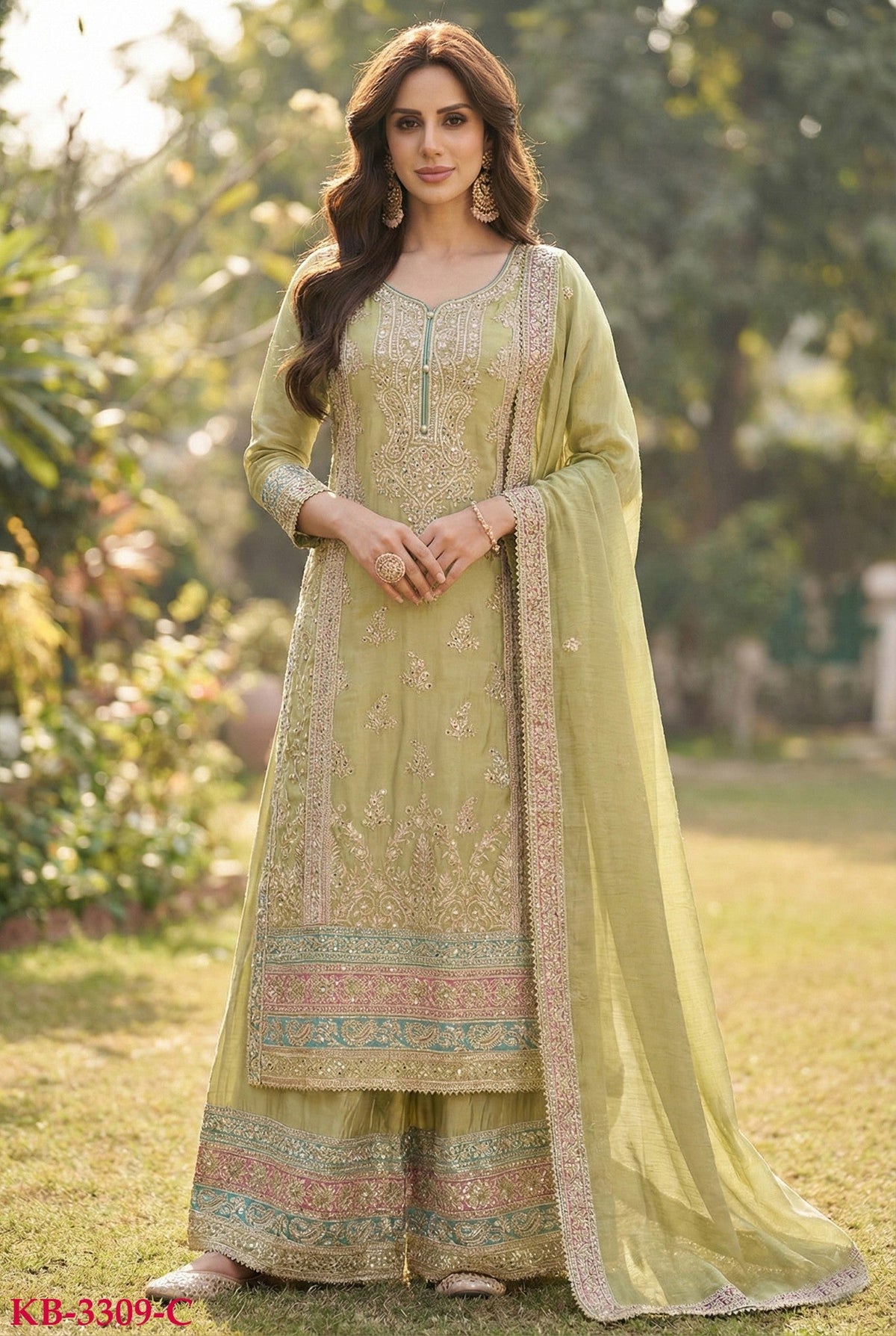 Anaita Green Chinon Suit with Embroidery & Sequence Work | Grocsy