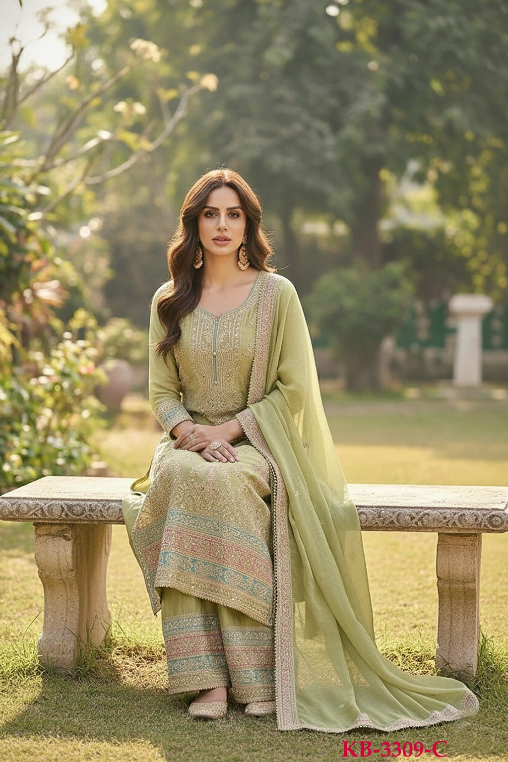 Anaita Green Chinon Suit with Embroidery & Sequence Work | Grocsy