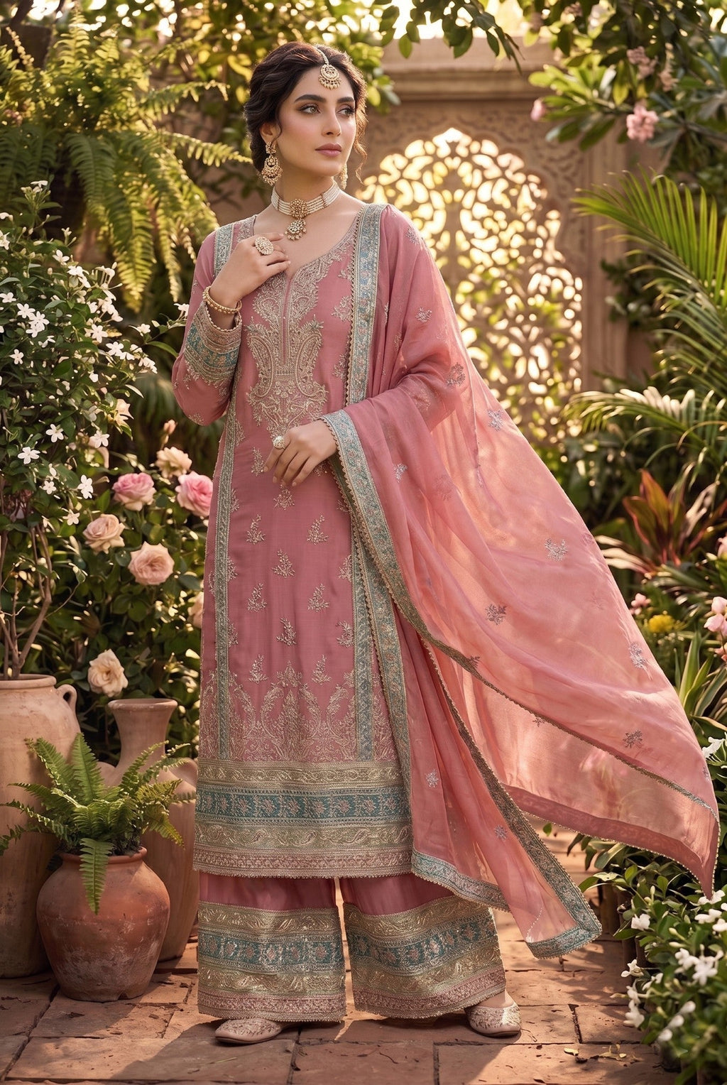 Anaita Pink Chinon Suit with Embroidery & Sequence Work | Grocsy