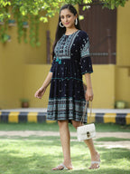 Juniper Navy Rayon Festive Printed Tiered Short Dress For Women | Grocsy