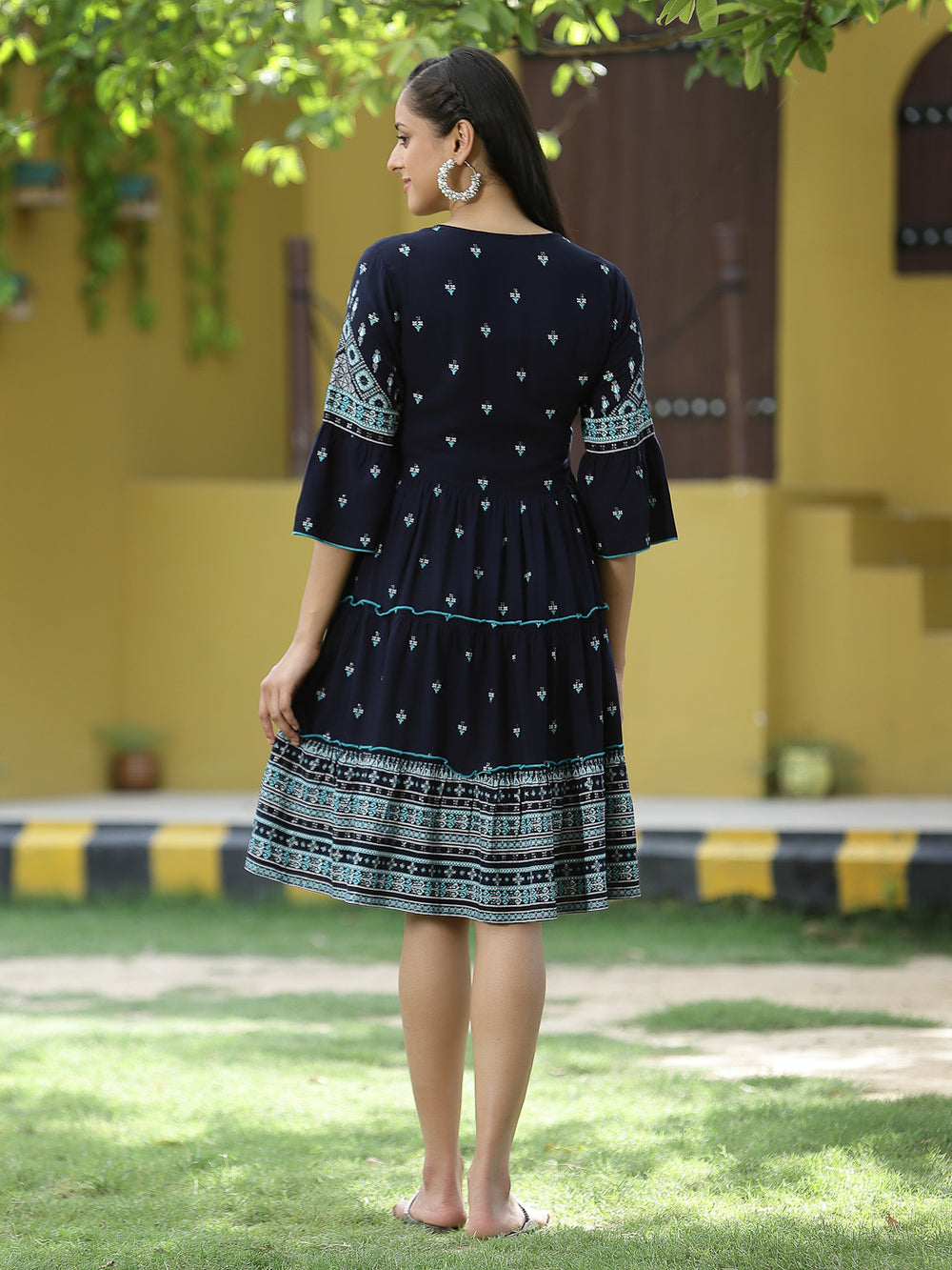 Juniper Navy Rayon Festive Printed Tiered Short Dress For Women | Grocsy