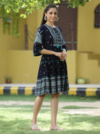 Juniper Navy Rayon Festive Printed Tiered Short Dress For Women | Grocsy