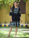Juniper Navy Rayon Festive Printed Tiered Short Dress For Women | Grocsy