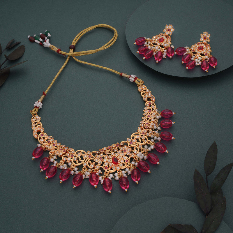 Tehzeeb Creations Gold-Polished Pink Colour Necklace With Stud | Grocsy