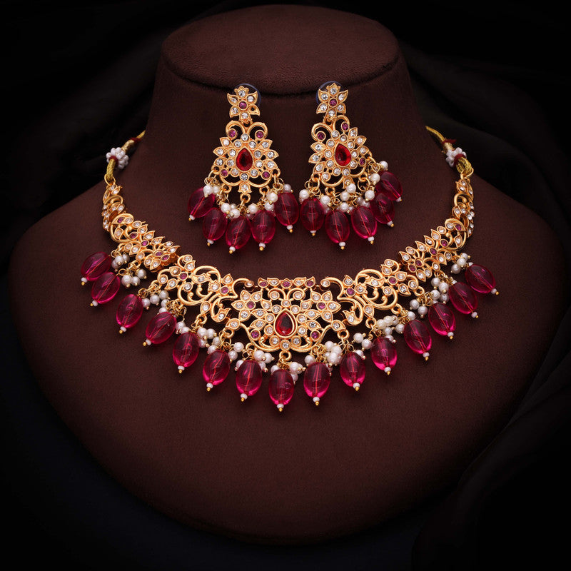 Tehzeeb Creations Gold-Polished Pink Colour Necklace With Stud | Grocsy