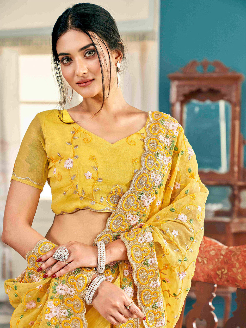 Tikhi Imli Yellow Ethnic Motifs Beads and Stones Embroidered Saree | Grocsy