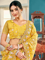 Tikhi Imli Yellow Ethnic Motifs Beads and Stones Embroidered Saree | Grocsy