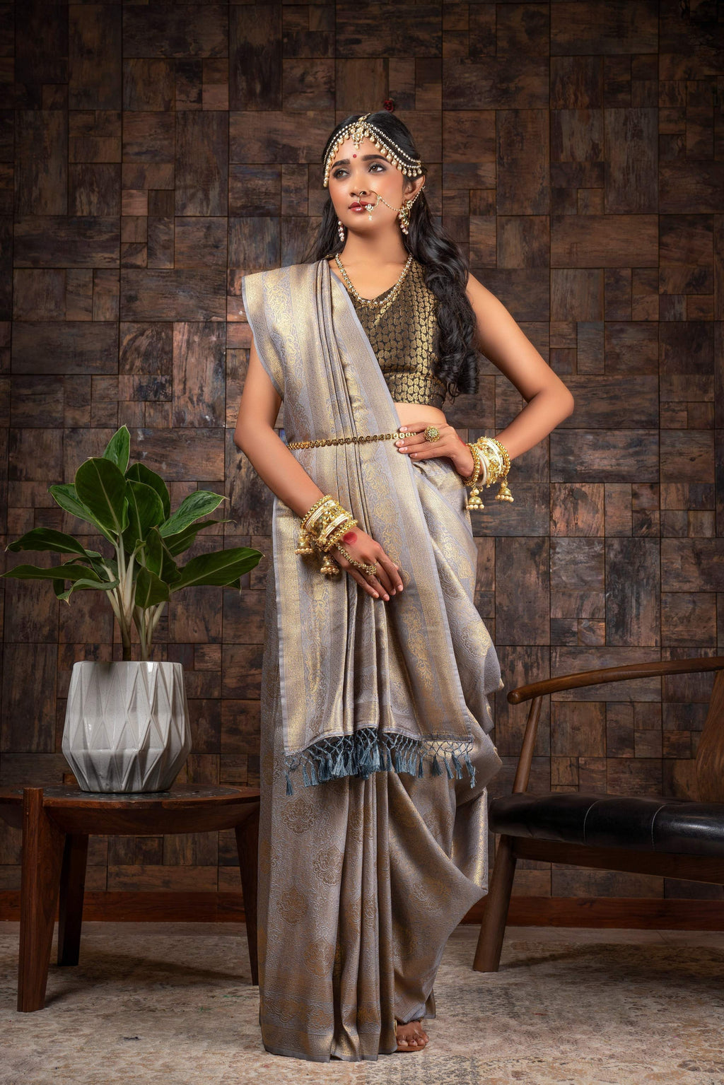 Vardha Seal Grey Golden Zari Kanjeevaram Silk Saree | Grocsy