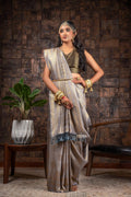 Vardha Seal Grey Golden Zari Kanjeevaram Silk Saree | Grocsy