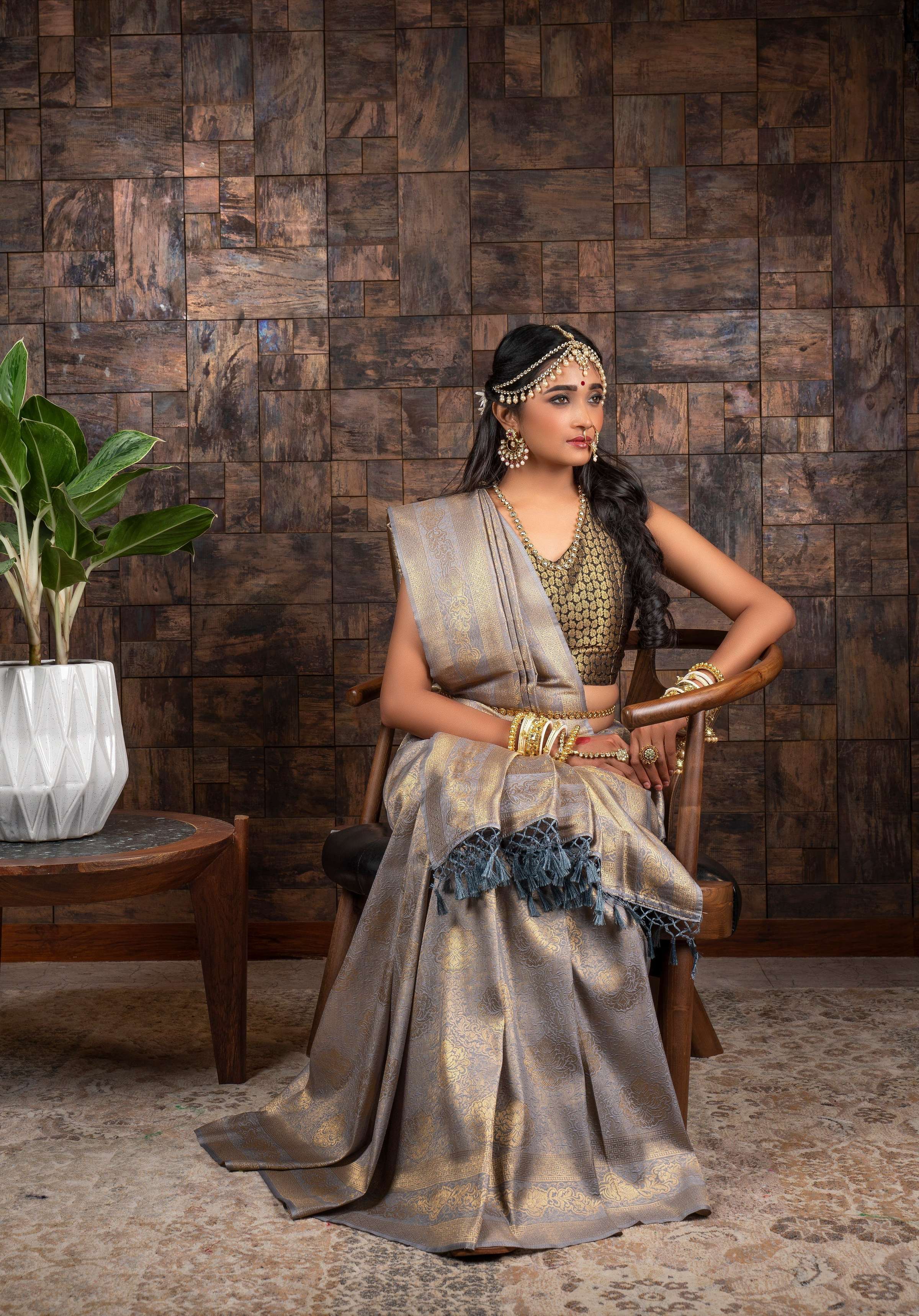 Vardha Seal Grey Golden Zari Kanjeevaram Silk Saree | Grocsy