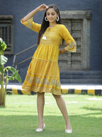 Juniper Mustard Rayon Festive Printed Tiered Short Dress For Women | Grocsy