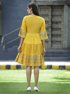 Juniper Mustard Rayon Festive Printed Tiered Short Dress For Women | Grocsy
